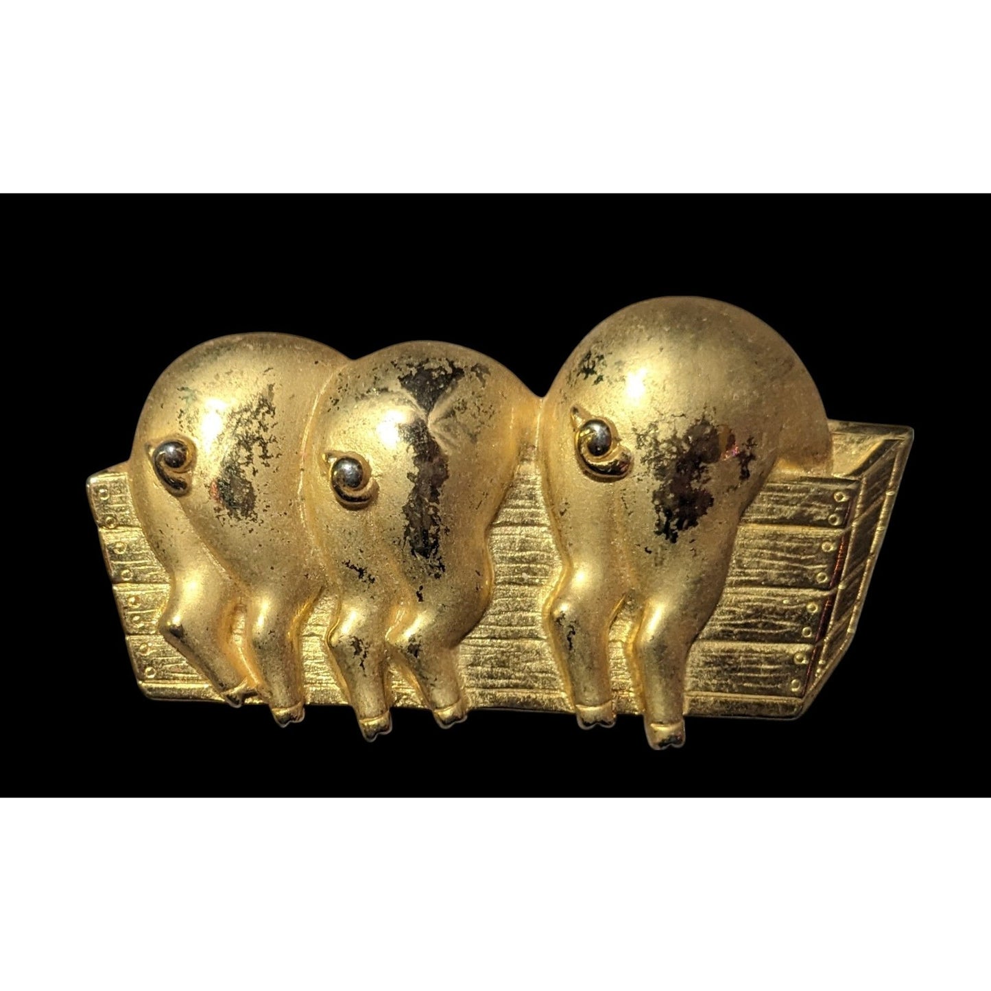 Vintage Jonette Jewelry Three Pigs In a Trough Gold Tone Brooch