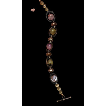 Handcrafted Green And Pink Multi-Stone Beaded Bracelet With Toggle Clasp