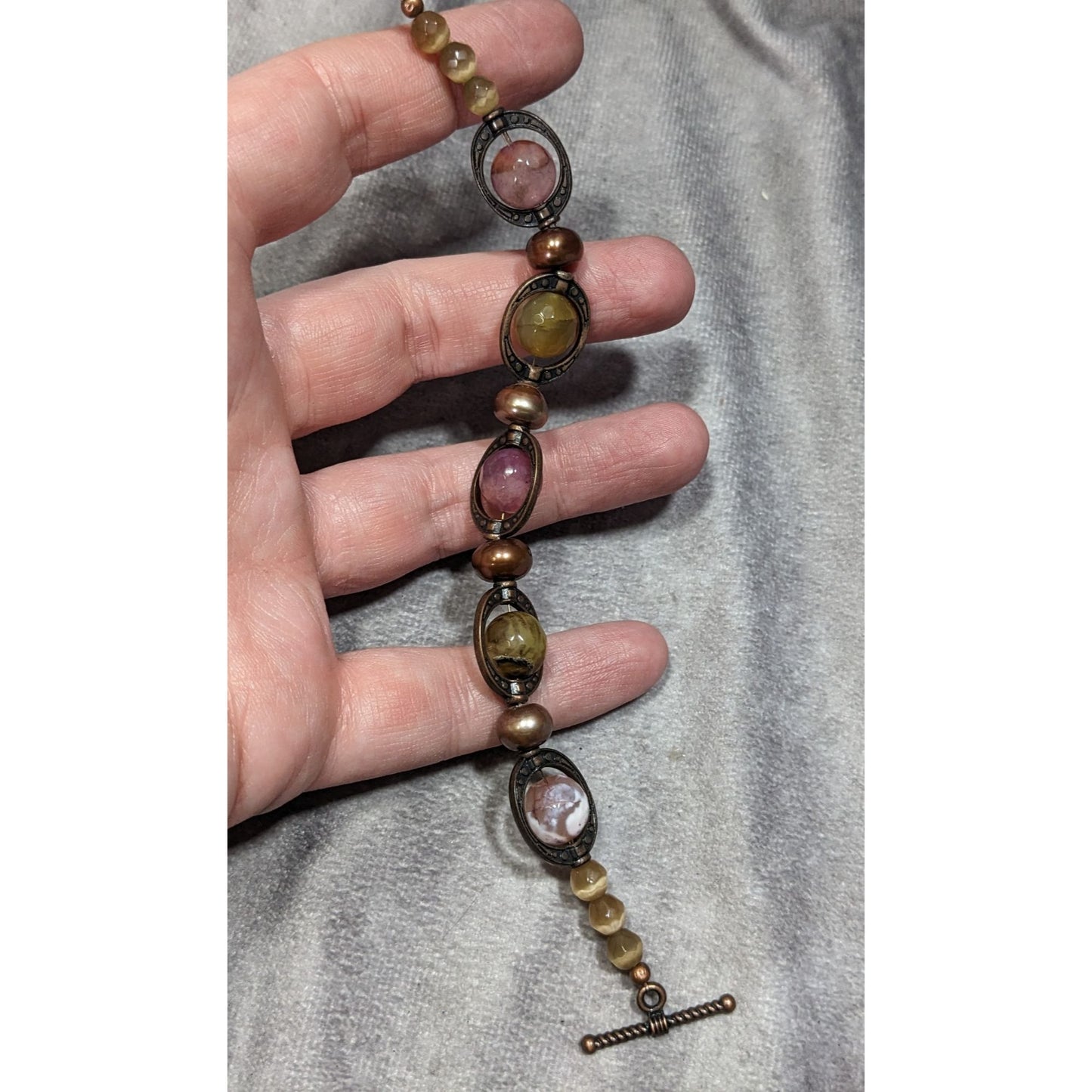 Handcrafted Green And Pink Multi-Stone Beaded Bracelet With Toggle Clasp