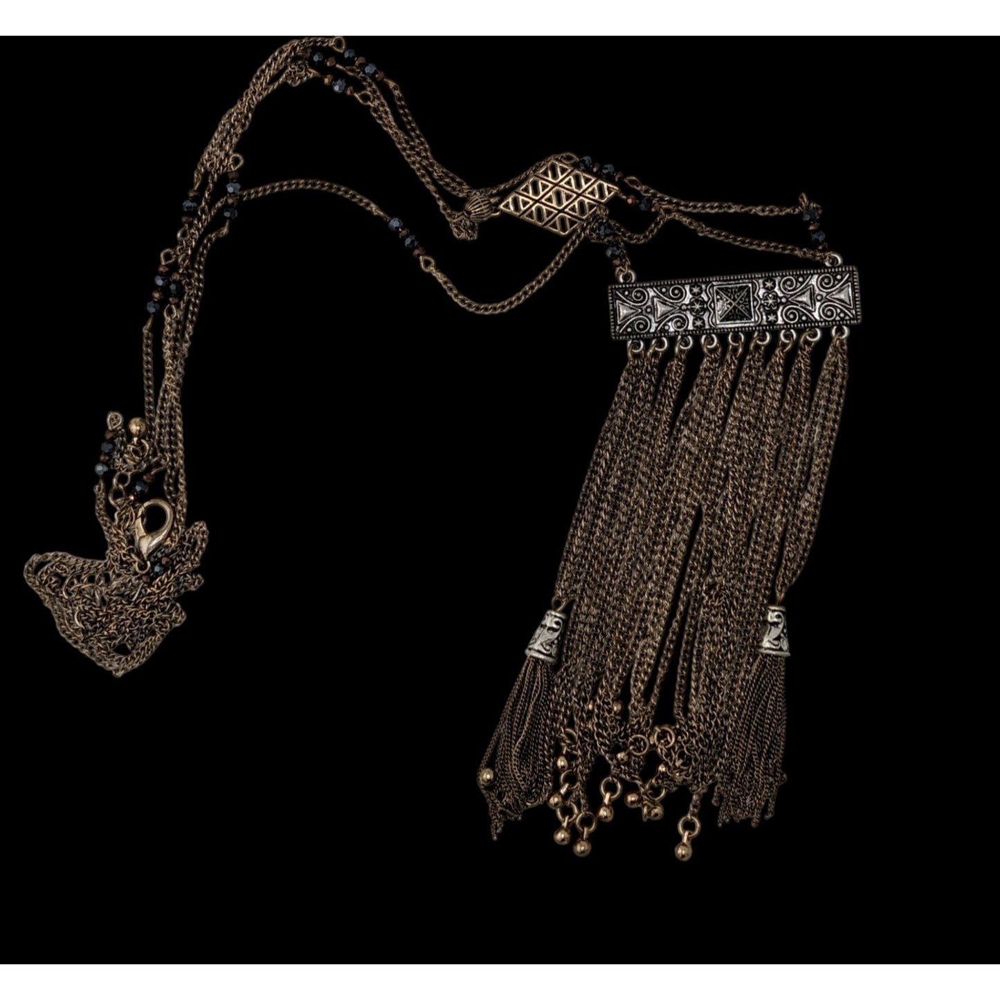 Vintage Bohemian Long Fringe Necklace With Intricate Metalwork And Beaded Accents