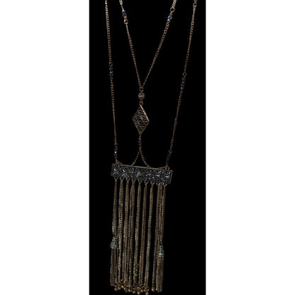 Vintage Bohemian Long Fringe Necklace With Intricate Metalwork And Beaded Accents