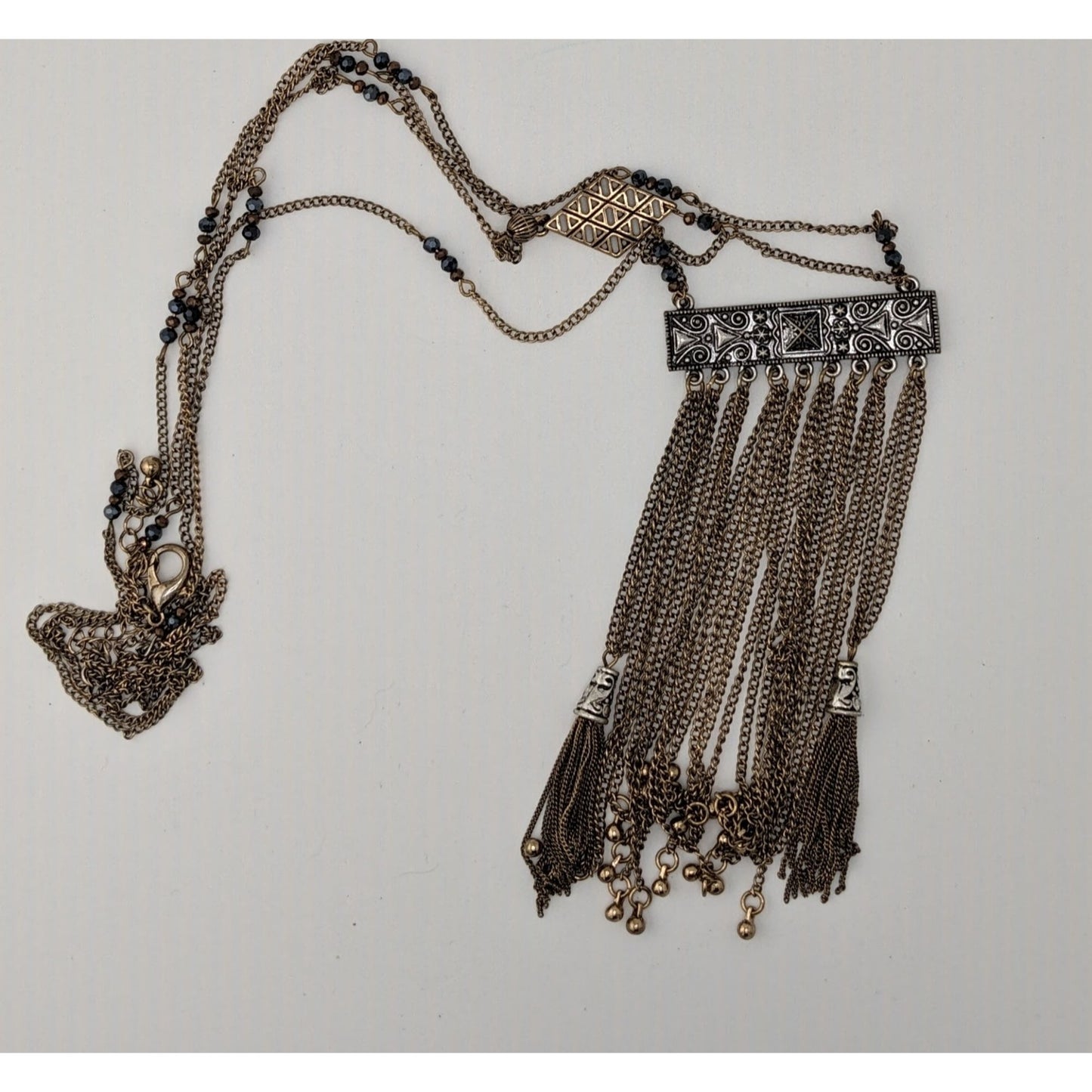Vintage Bohemian Long Fringe Necklace With Intricate Metalwork And Beaded Accents