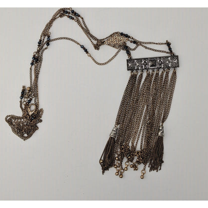 Vintage Bohemian Long Fringe Necklace With Intricate Metalwork And Beaded Accents