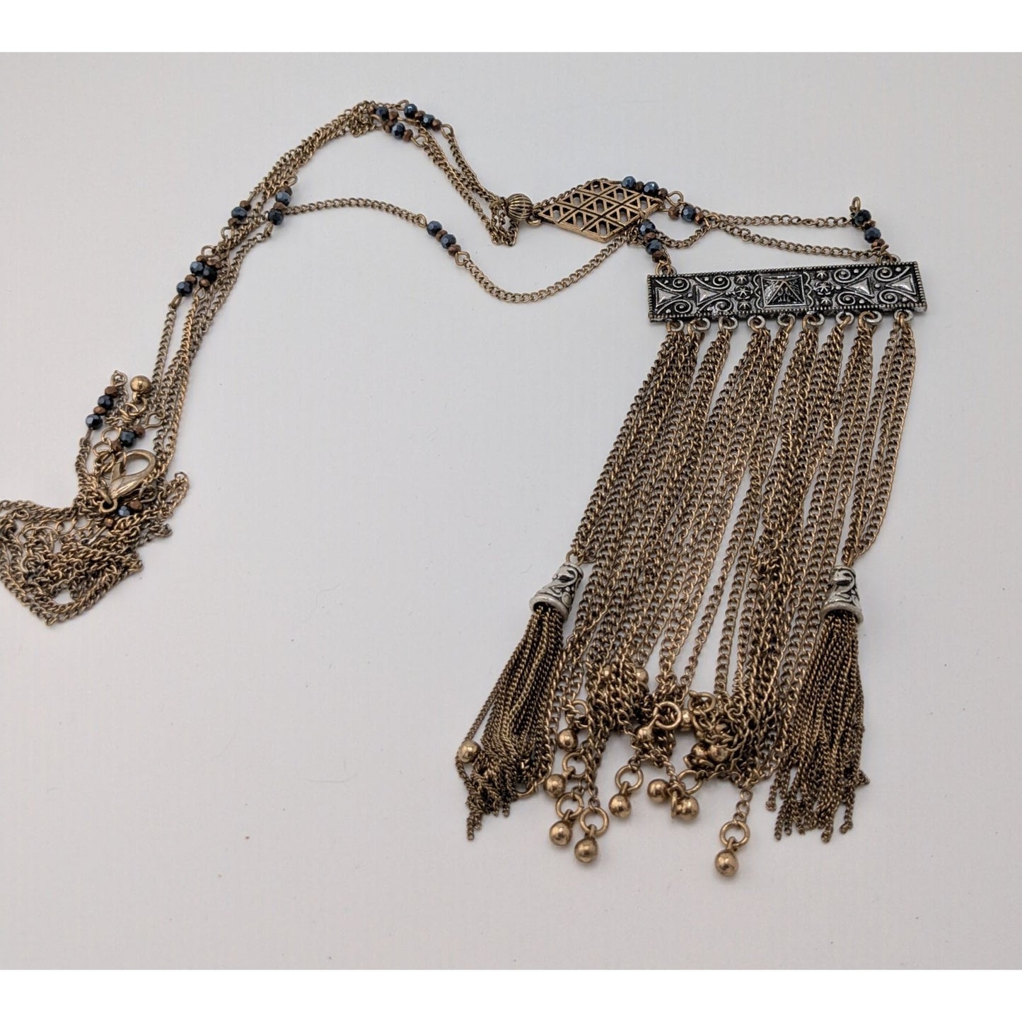 Vintage Bohemian Long Fringe Necklace With Intricate Metalwork And Beaded Accents