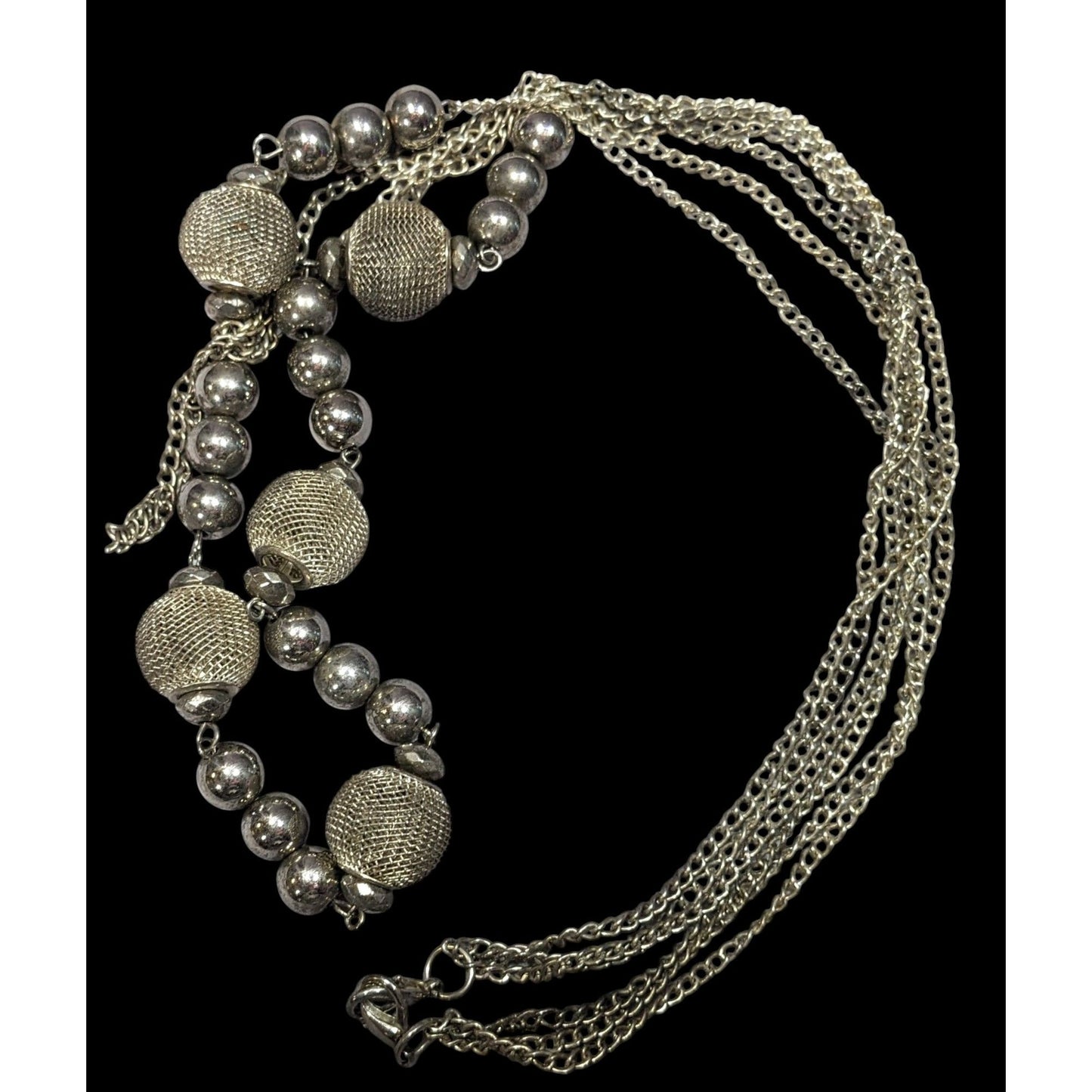Chunky Multilayer Silver Tone Mesh And Metal Beaded Chain Necklace