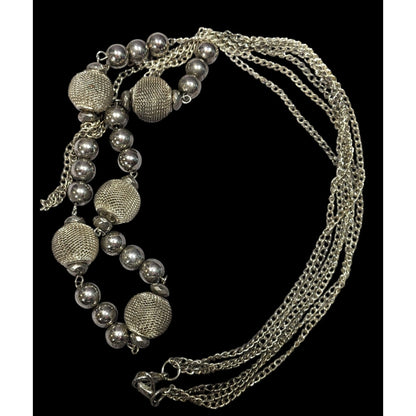 Chunky Multilayer Silver Tone Mesh And Metal Beaded Chain Necklace