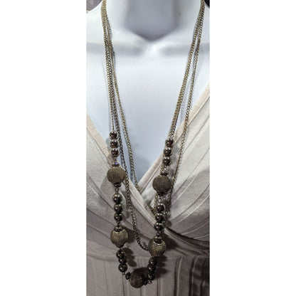 Chunky Multilayer Silver Tone Mesh And Metal Beaded Chain Necklace