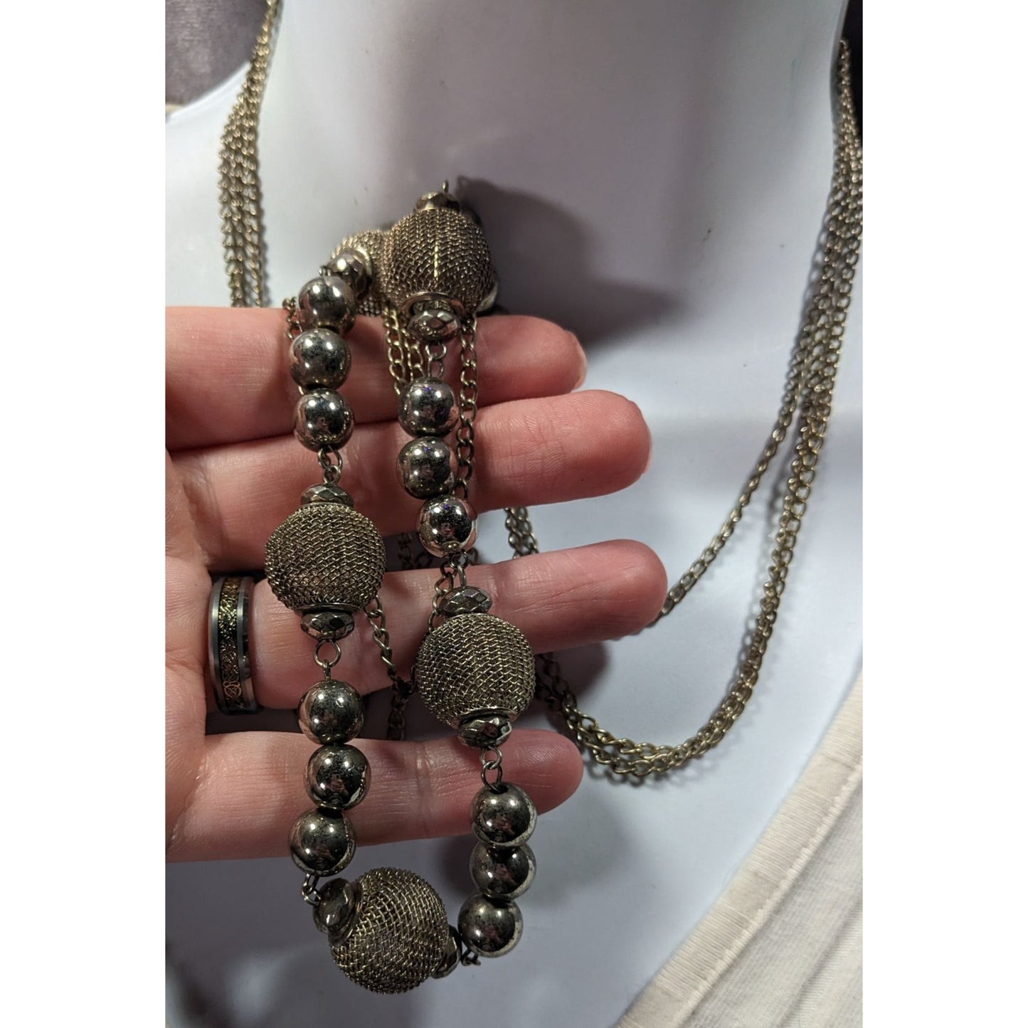 Chunky Multilayer Silver Tone Mesh And Metal Beaded Chain Necklace