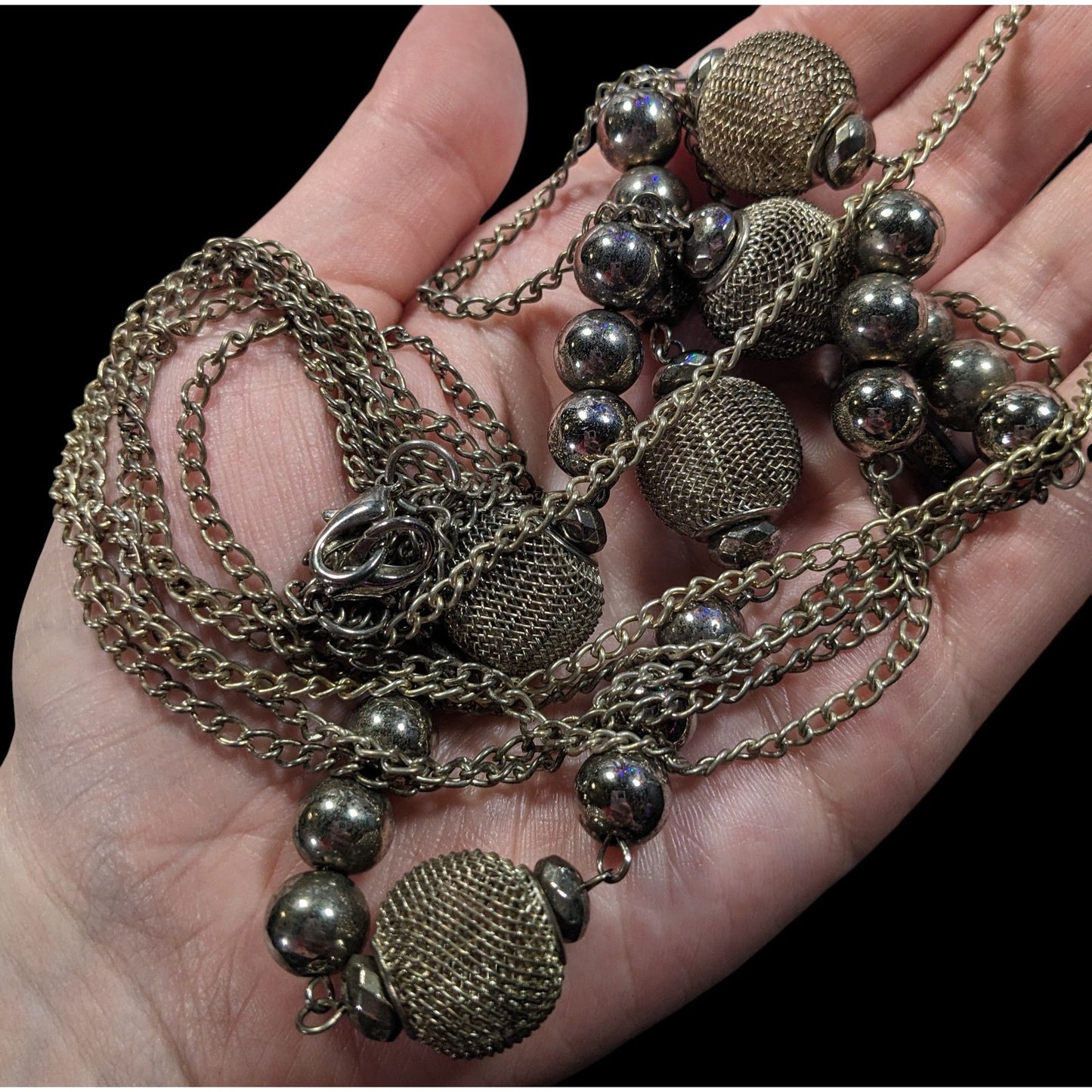 Chunky Multilayer Silver Tone Mesh And Metal Beaded Chain Necklace