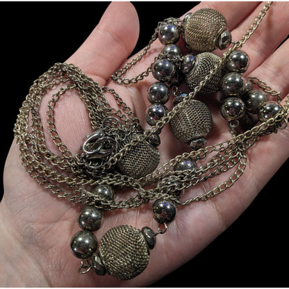 Chunky Multilayer Silver Tone Mesh And Metal Beaded Chain Necklace
