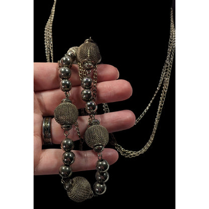 Chunky Multilayer Silver Tone Mesh And Metal Beaded Chain Necklace