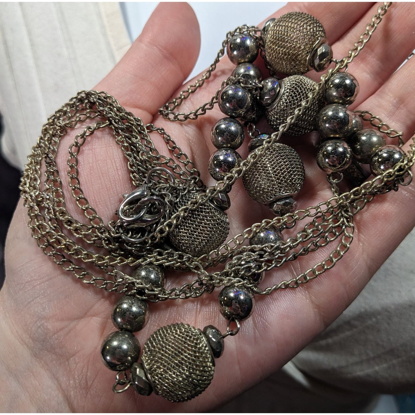 Chunky Multilayer Silver Tone Mesh And Metal Beaded Chain Necklace