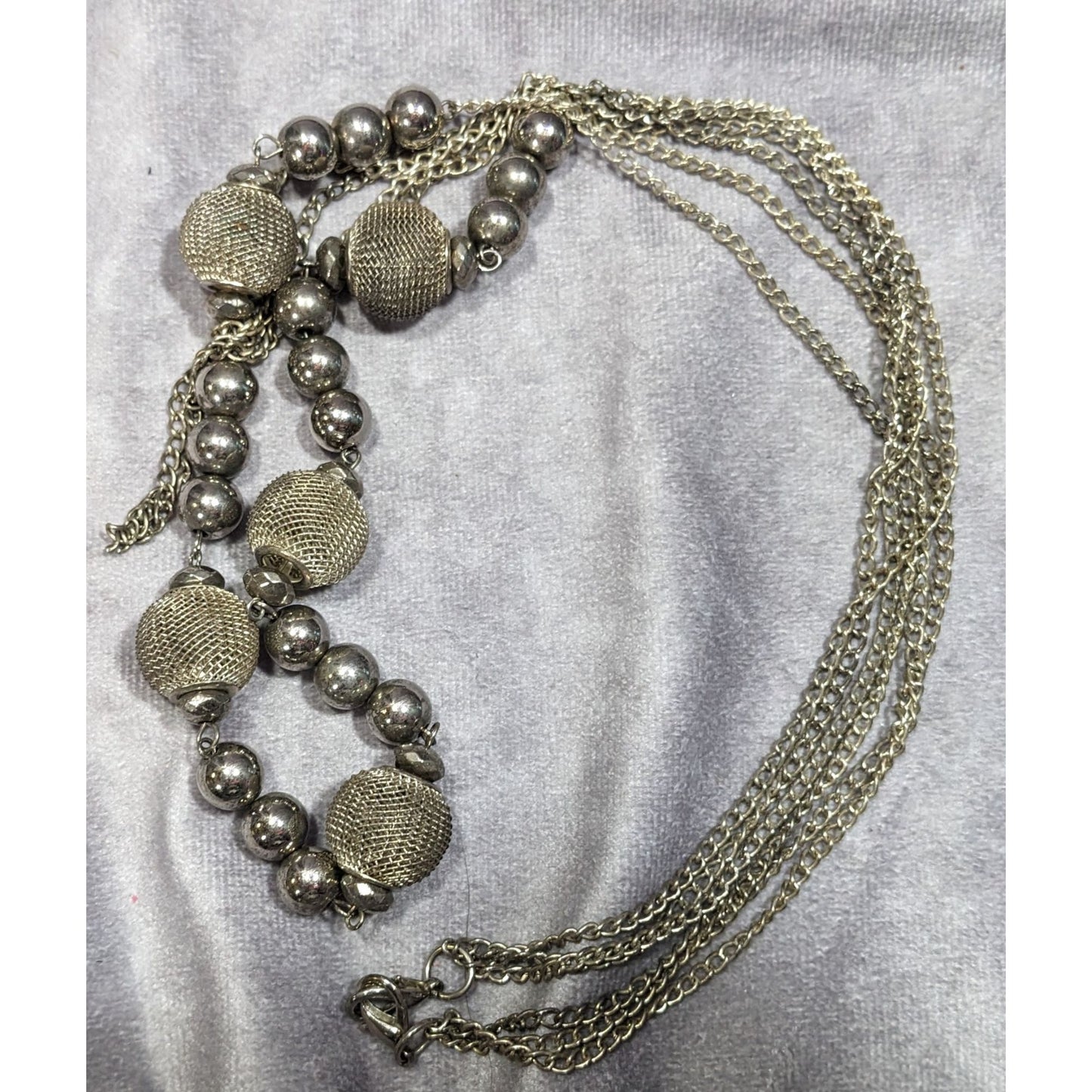 Chunky Multilayer Silver Tone Mesh And Metal Beaded Chain Necklace