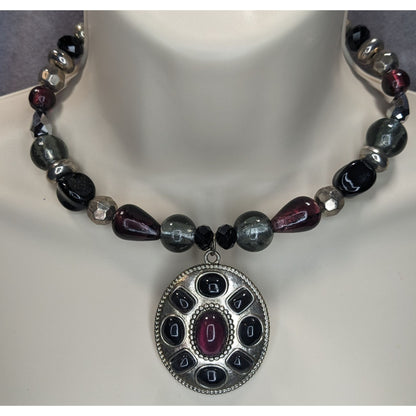 Vintage Gothic Boho Statement Necklace Purple Black Glass Pendant