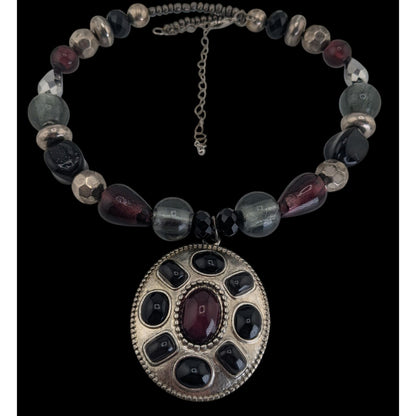 Vintage Gothic Boho Statement Necklace Purple Black Glass Pendant