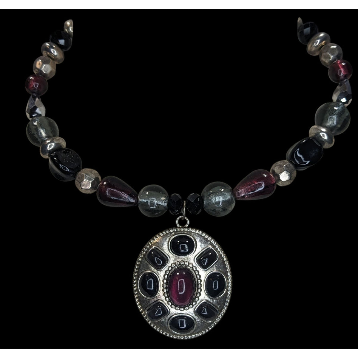 Vintage Gothic Boho Statement Necklace Purple Black Glass Pendant