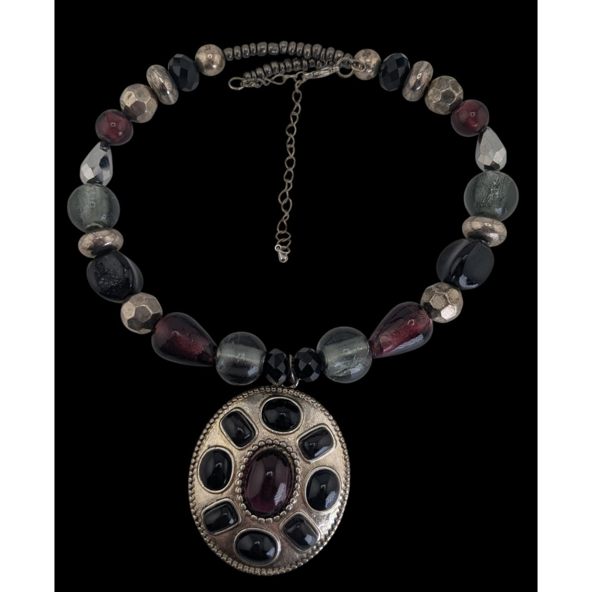 Vintage Gothic Boho Statement Necklace Purple Black Glass Pendant