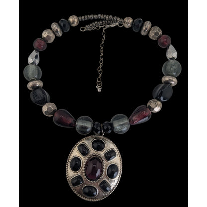 Vintage Gothic Boho Statement Necklace Purple Black Glass Pendant