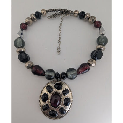 Vintage Gothic Boho Statement Necklace Purple Black Glass Pendant