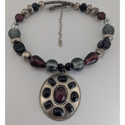 Vintage Gothic Boho Statement Necklace Purple Black Glass Pendant