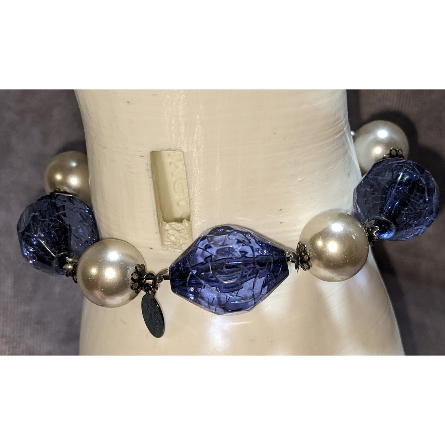 Y2K Coquette Laila Rowe Blue Crackle Bead Faux Pearl Stretch Bracelet