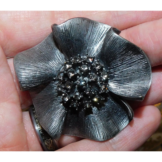 Vintage Gothic Floral Brooch/Pendant Silver Tone With Rhinestones