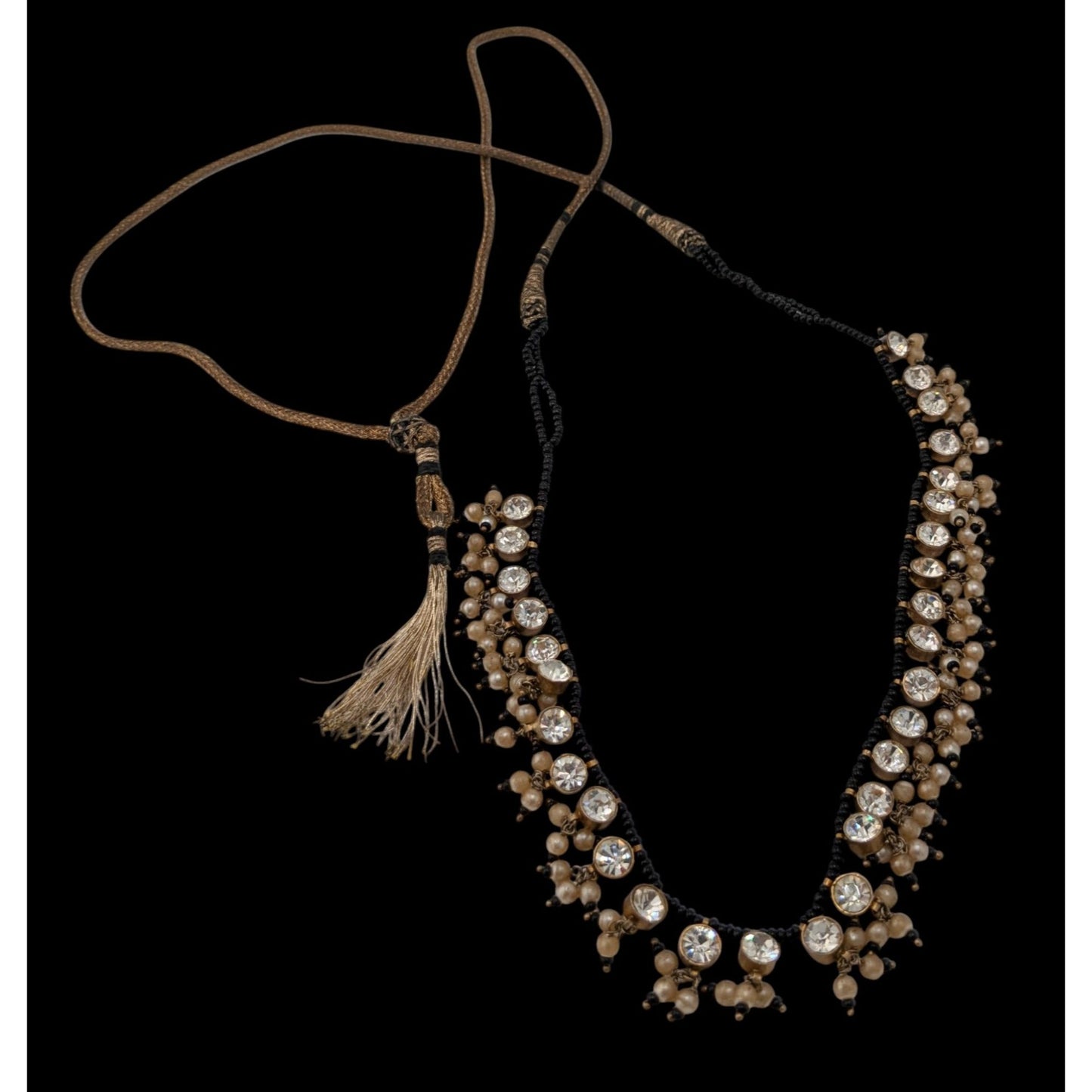 Traditional Indian Black & Gold Beaded Necklace With Rhinestone Accents