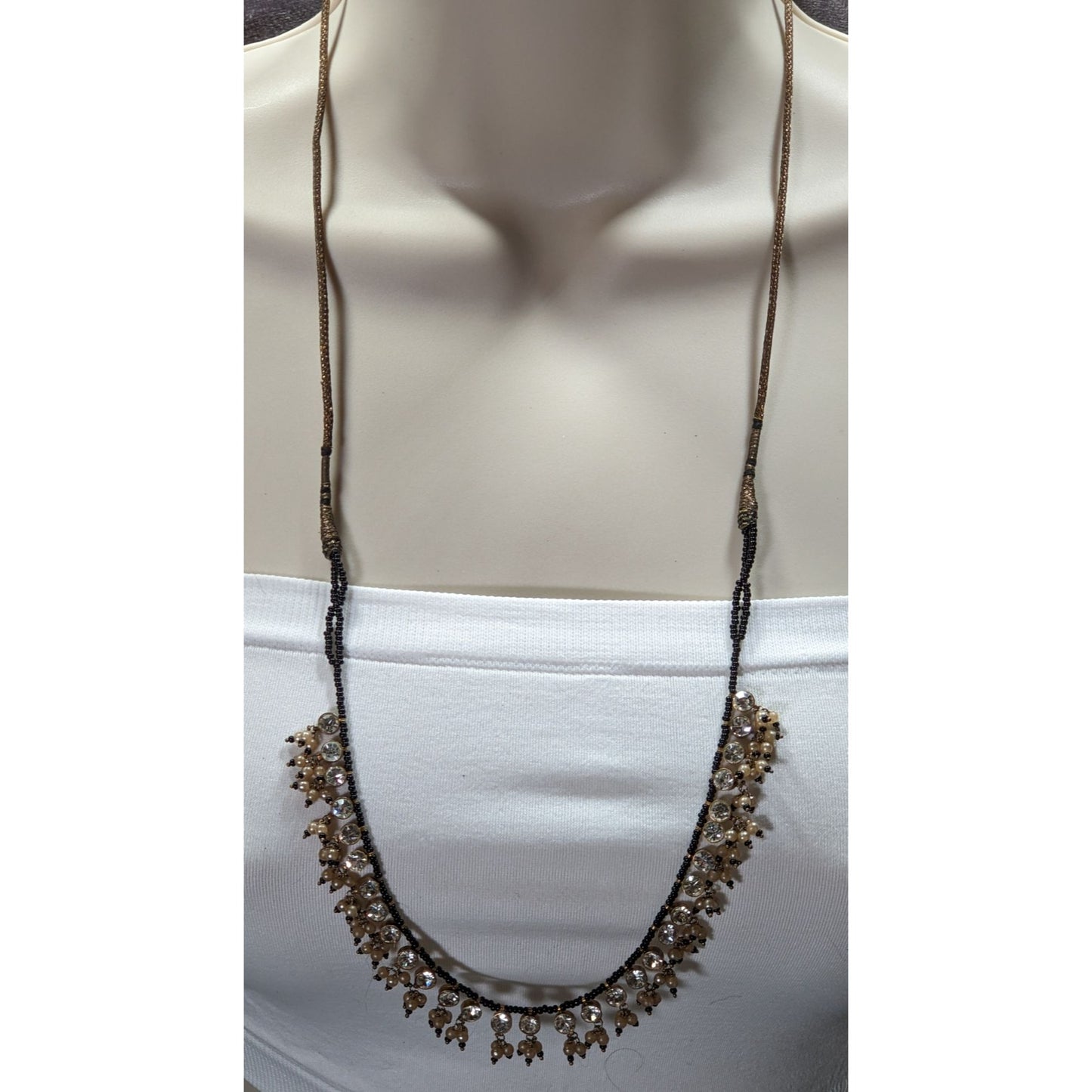 Traditional Indian Black & Gold Beaded Necklace With Rhinestone Accents