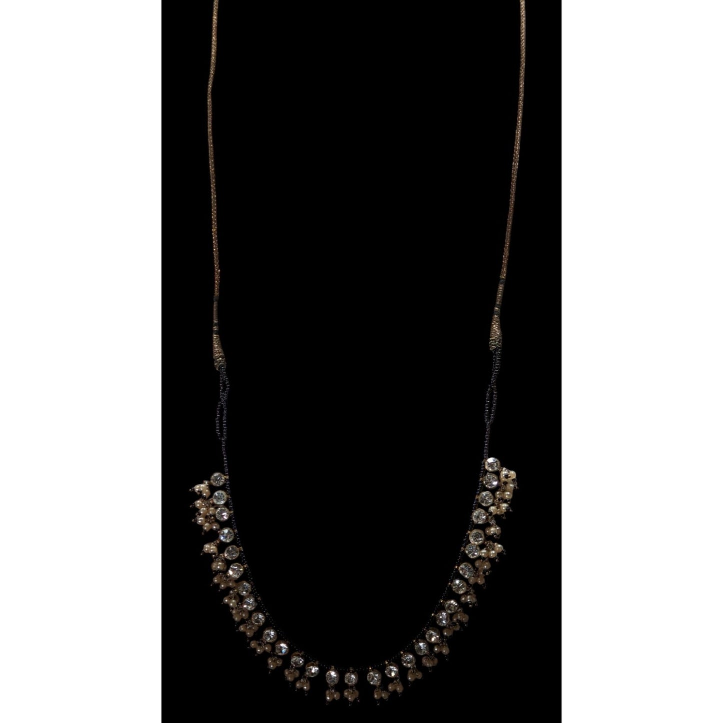 Traditional Indian Black & Gold Beaded Necklace With Rhinestone Accents
