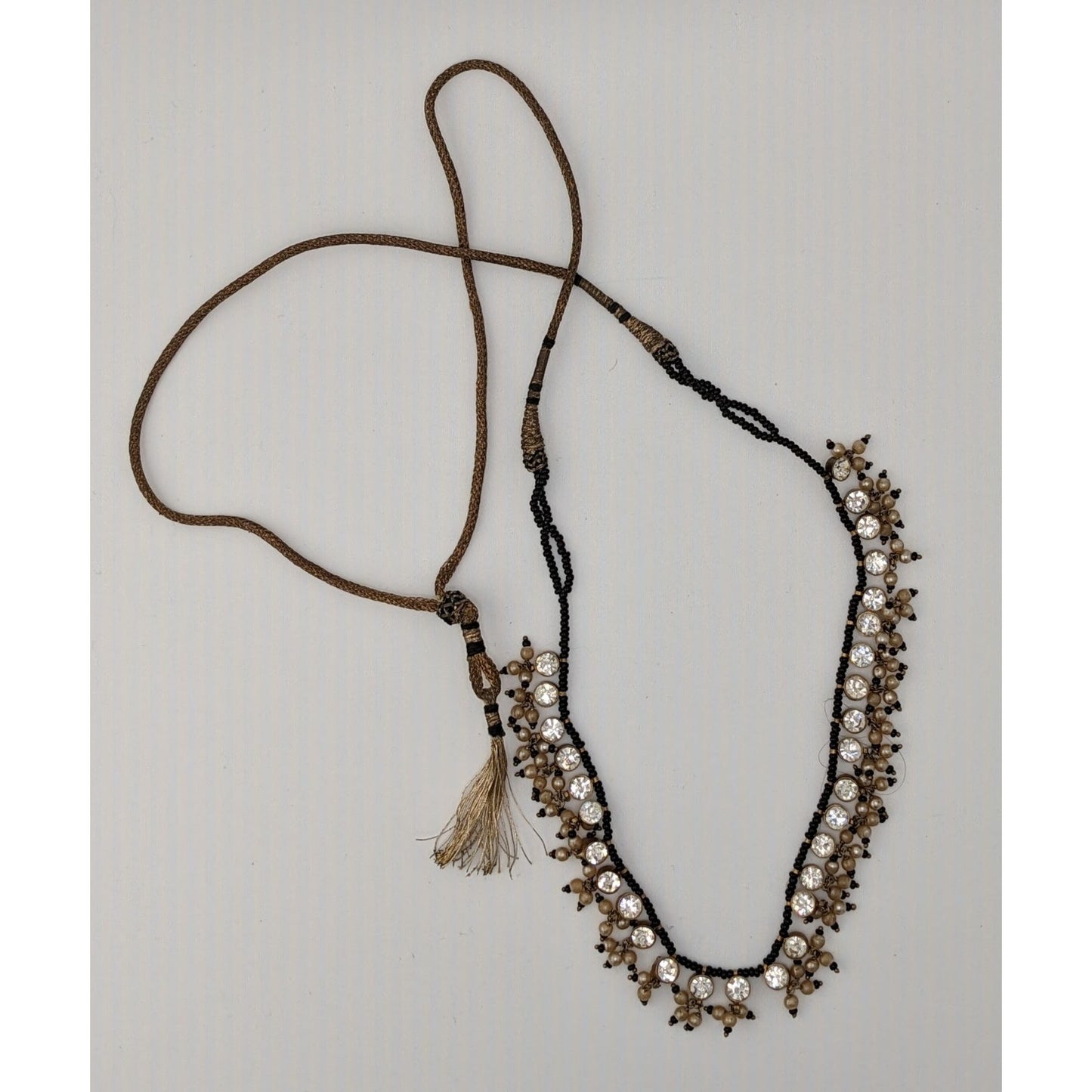 Traditional Indian Black & Gold Beaded Necklace With Rhinestone Accents
