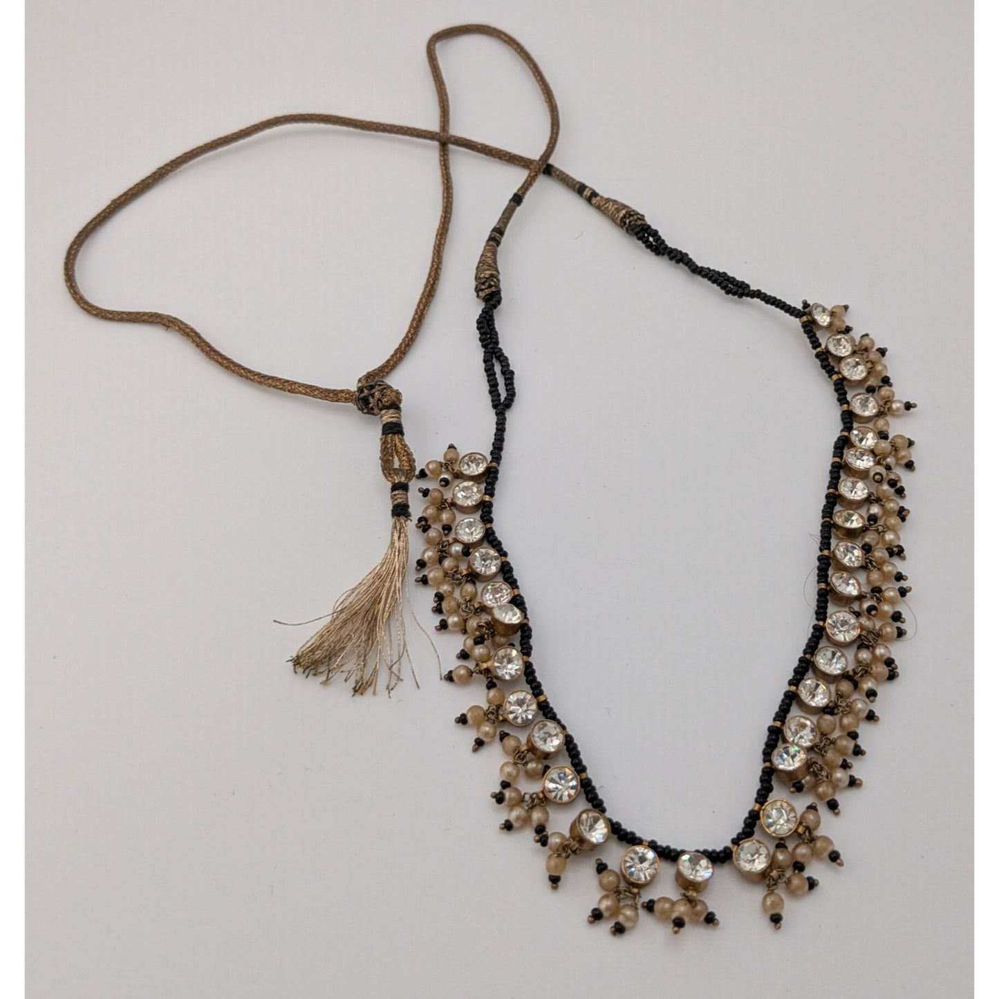Traditional Indian Black & Gold Beaded Necklace With Rhinestone Accents