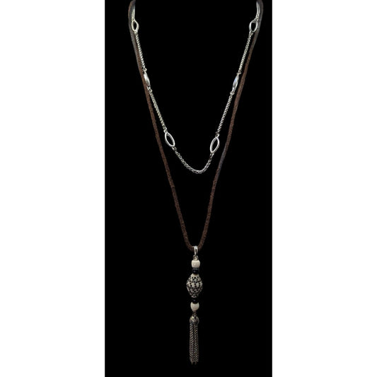 90s Lucky Brand Multilayer Chain And Leather Tassel Necklace