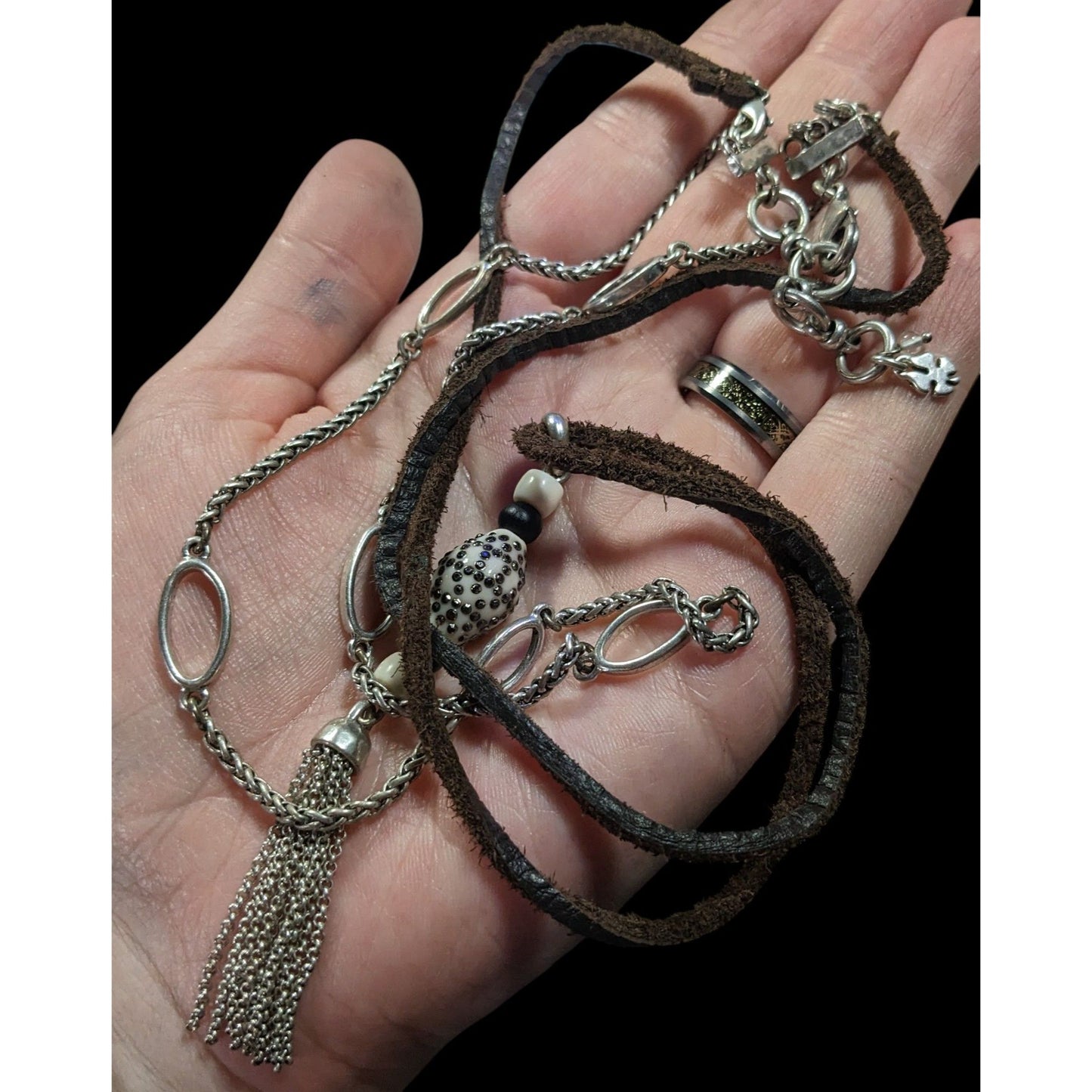 90s Lucky Brand Multilayer Chain And Leather Tassel Necklace