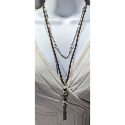 90s Lucky Brand Multilayer Chain And Leather Tassel Necklace