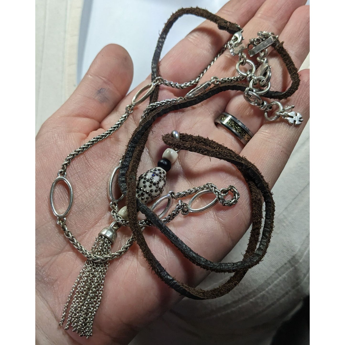 90s Lucky Brand Multilayer Chain And Leather Tassel Necklace