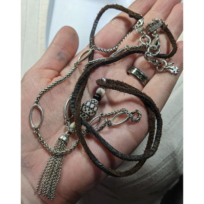 90s Lucky Brand Multilayer Chain And Leather Tassel Necklace