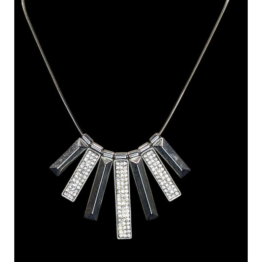 Guess Rhinestone Statement Necklace Silver Geometric Bar Bib Snake Chain Gunmetal Glam
