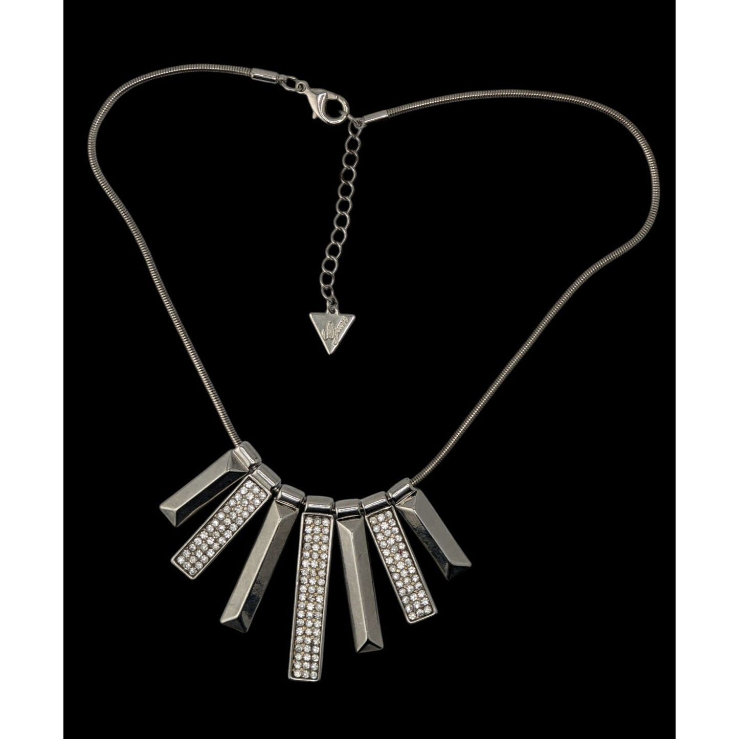 Guess Rhinestone Statement Necklace Silver Geometric Bar Bib Snake Chain Gunmetal Glam
