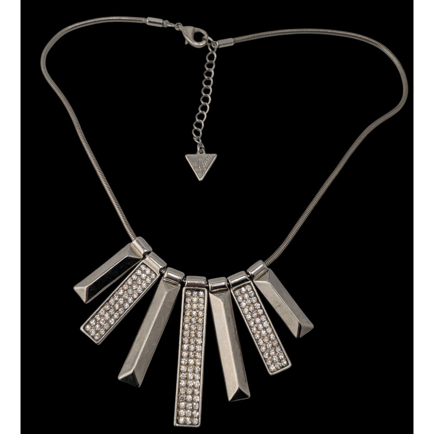 Guess Rhinestone Statement Necklace Silver Geometric Bar Bib Snake Chain Gunmetal Glam