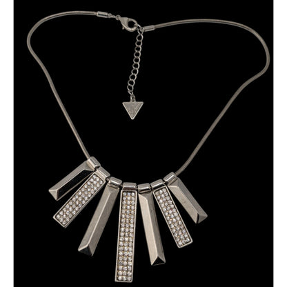 Guess Rhinestone Statement Necklace Silver Geometric Bar Bib Snake Chain Gunmetal Glam