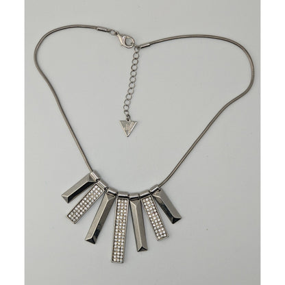 Guess Rhinestone Statement Necklace Silver Geometric Bar Bib Snake Chain Gunmetal Glam