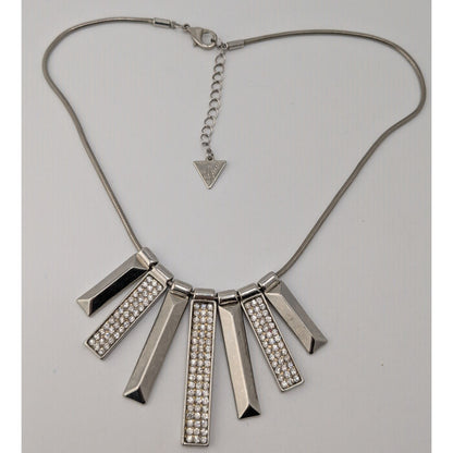 Guess Rhinestone Statement Necklace Silver Geometric Bar Bib Snake Chain Gunmetal Glam
