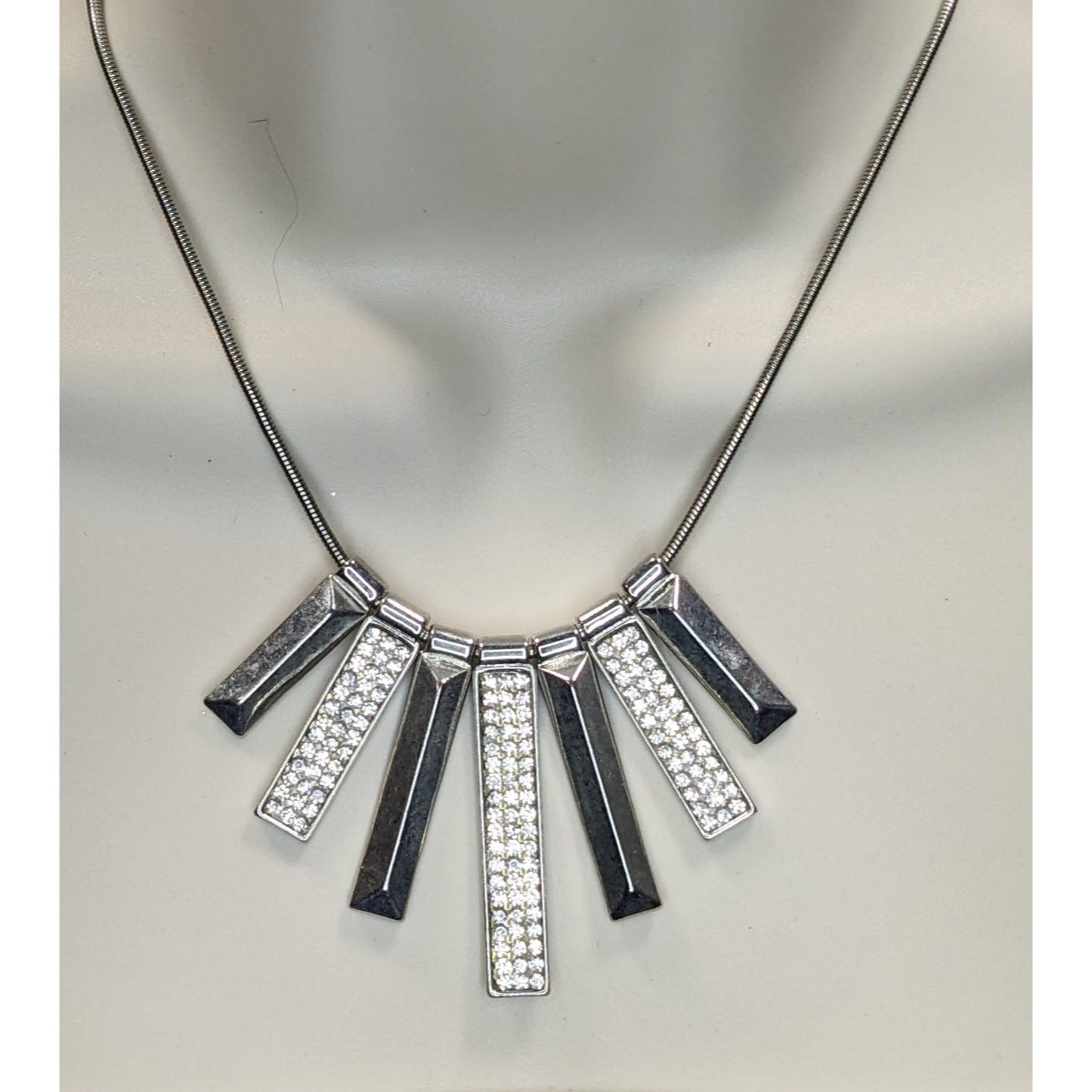 Guess Rhinestone Statement Necklace Silver Geometric Bar Bib Snake Chain Gunmetal Glam