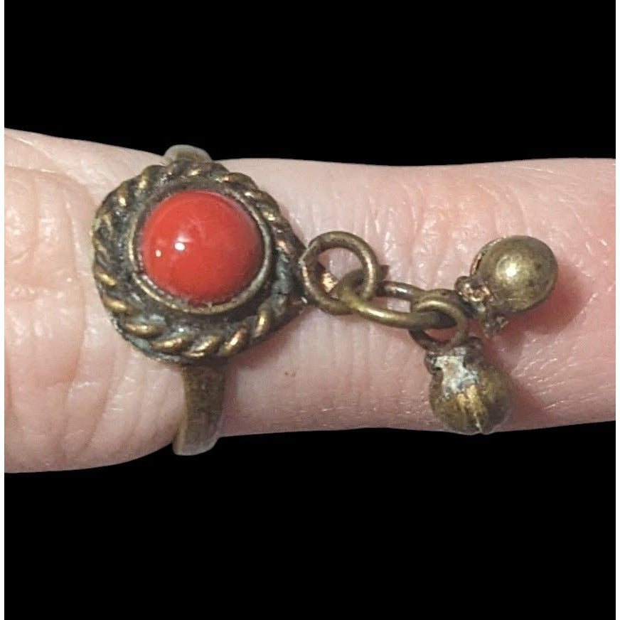 Vintage Bohemian Brass Charm Ring With Red Gem Size 6