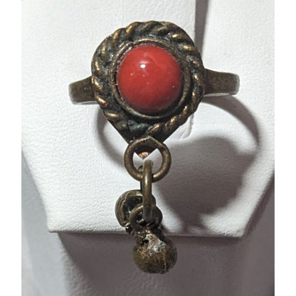 Vintage Bohemian Brass Charm Ring With Red Gem Size 6