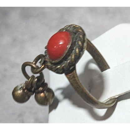 Vintage Bohemian Brass Charm Ring With Red Gem Size 6