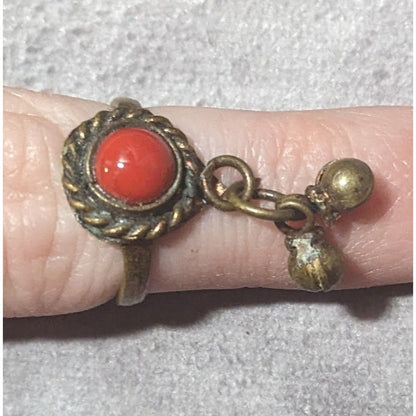 Vintage Bohemian Brass Charm Ring With Red Gem Size 6