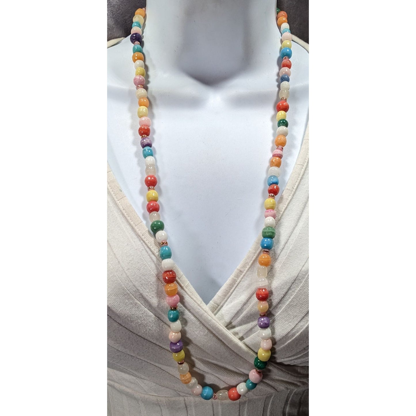 Retro Rainbow Dyed Stone And Glass Beaded Necklace