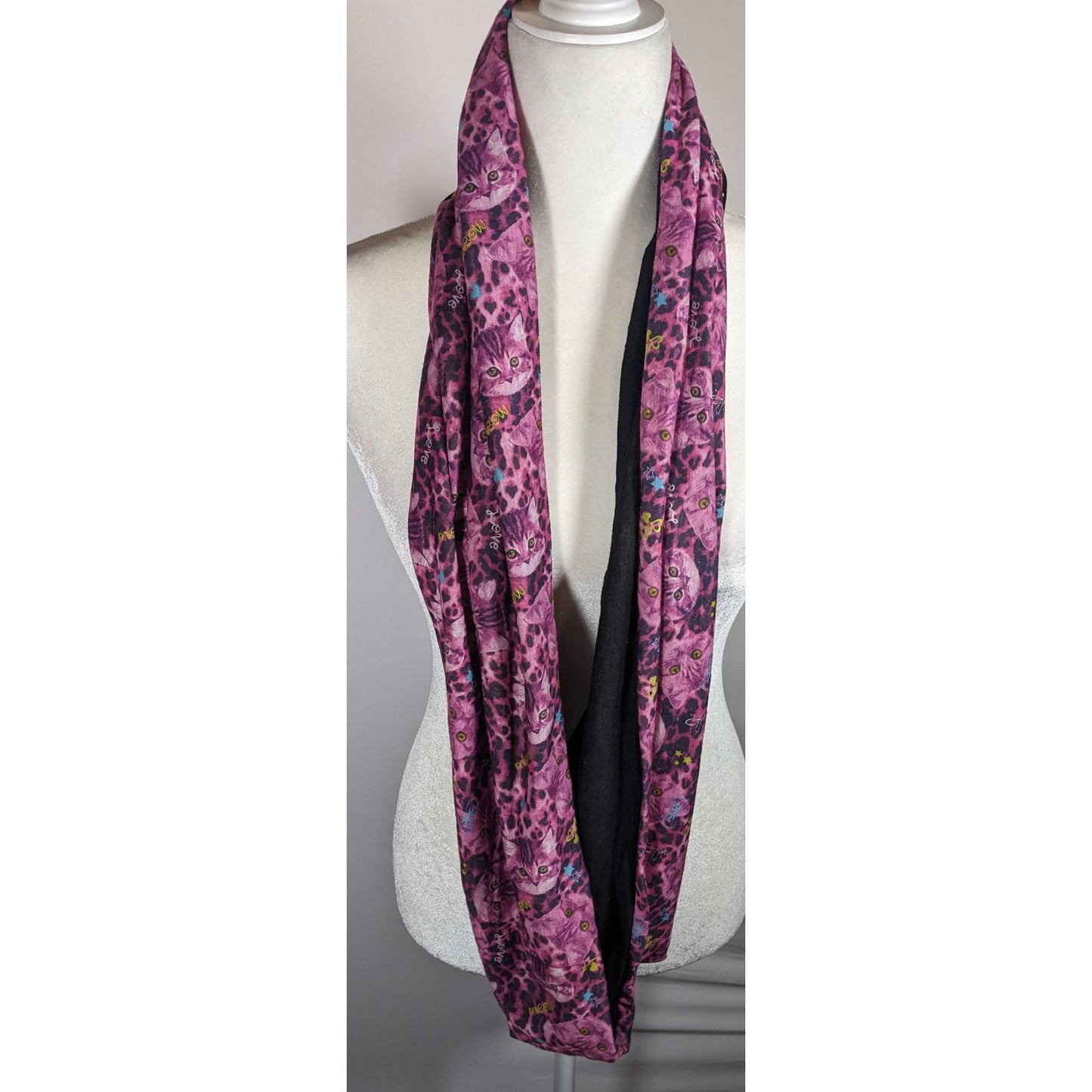 Pink And Black Leopard Print With Kittens Reversible Infinity Scarf