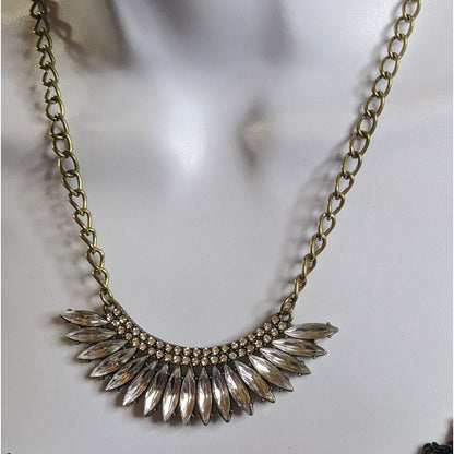 Vintage Art Deco Style Statement Necklace With Clear Rhinestones & Gold-Tone Chain